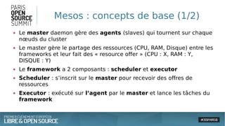 Mesos : concepts de base (1/2)
● Le master daemon gère des agents (slaves) qui tournent sur chaque
nœuds du cluster
● Le master gère le partage des ressources (CPU, RAM, Disque) entre les
frameworks et leur fait des « resource offer » (CPU : X, RAM : Y,
DISQUE : Y)
● Le framework a 2 composants : scheduler et executor
● Scheduler : s’inscrit sur le master pour recevoir des offres de
ressources
● Executor : exécuté sur l’agent par le master et lance les tâches du
framework
 