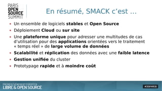 En résumé, SMACK c’est …
● Un ensemble de logiciels stables et Open Source
● Déploiement Cloud ou sur site
● Une plateforme unique pour adresser une multitudes de cas
d’utilisation pour des applications orientées vers le traitement
« temps réel » de large volume de données
● Scalabilité et réplication des données avec une faible latence
● Gestion unifiée du cluster
● Prototypage rapide et à moindre coût
 