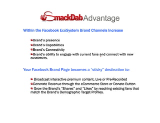 Within the Facebook EcoSystem Brand Channels Increase
!  Brand’s presence
!  Brand’s Capabilities
!  Brand’s Connectivity
!  Brand’s ability to engage with current fans and connect with new
customers.
Your Facebook Brand Page becomes a “sticky” destination to:
!  Broadcast interactive premium content, Live or Pre-Recorded
!  Generate Revenue through the eCommerce Store or Donate Button
!  Grow the Brand’s “Shares” and “Likes” by reaching existing fans that
match the Brand’s Demographic Target Profiles.
 