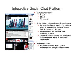 !   Multiple Chat Rooms
!   Friends
!   Global
!   Moderated
!   Social Media Pushes to Events/Entertainment
!   An artist, like Eminem, can invite his fans
to the event and push out to 60 Million
fans who already “Like” him
!   Celebrities can join the show from
anywhere, anytime
!   Side-by-side viewing when two people call
in via cell phone, Skype or other video
mechanism
!   Moderated Chats
!   Monitor discussion, drop negative
comments and lead global interactions
 