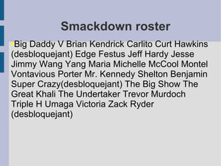 Smackdown roster Big Daddy V Brian Kendrick Carlito Curt Hawkins (desbloquejant) Edge Festus Jeff Hardy Jesse Jimmy Wang Yang Maria Michelle McCool Montel Vontavious Porter Mr. Kennedy Shelton Benjamin Super Crazy(desbloquejant) The Big Show The Great Khali The Undertaker Trevor Murdoch Triple H Umaga Victoria Zack Ryder (desbloquejant) 