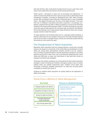 with high attrition rates could extend average tenures by just a year, they could
reduce costs significantly and improve overall business performance.
Talent scarcity — particularly in areas such as technology and engineering — is
another trend driving HCM and human resources executives to rethink their talent
management strategies. According to ManpowerGroup’s 2013 Talent Shortage
Survey, 35% of employers report difficulty in filling jobs due to a lack of available
talent — the biggest shortage since the start of the global recession.3 And more
than half of employers now believe that talent acquisition is increasingly competitive, compared with just 20% in 2009, according to a survey by the Chartered
Institute of Personnel and Development (CIPD).4 The talent shortage will only grow
as the first wave of baby boomers hits retirement age; according to Scot Melland,
CEO of Dice Holdings, even if baby boomers delay retirement, there aren’t enough
younger workers to take their places.5
An aging workforce and shrinking talent pool is a prevalent global challenge. A
February 2013 report by the Canadian news journal The Globe and Mail reported
that for the first time in Canadian history, retirees will outnumber people entering
the workforce in the country this year.6

The Changing Face of Talent Acquisition
Meanwhile, talent acquisition itself has changed radically in recent years, brought
about by the always-on connectivity of the mobile Web and proliferation of social
media use, among other developments. Roughly one-half of all U.S. organizations, according to published reports, have decreased their spending on recruiting
agencies and turned to newer tools, such as professional networking sites, social
media and CRM tools, as lower cost alternatives to help build their brands as
employers and attract job candidates.
Techniques that leading companies are incorporating into their talent acquisition
strategies include increasing job flexibility, leveraging analytics tools to predict
staffing needs and validate employment plans, enabling virtual teams with
technology, conducting candidate assessments via video and recruiting where
candidates are located (see Figure 3).
Initiatives to redefine talent acquisition are greatly aided by the application of
SMAC technologies.

Trends Force a Rethink of Talent Management
Key Trends
Employee loyalty on the decline
Competition for talent on the rise
Sources for talent are shifting
Unsuitable applications
clutter the process
Cost of hiring remains high
Figure 3

6     FUTURE OF WORK

September 2013

Elements of a Redefined Strategy
Enable flexibility to improve
employee satisfaction
Leverage technology to drive retention
Use analytics to predict staffing needs
Enable a boundaryless workplace
Go to where the candidates are

 
