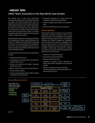Quick Take
SMAC Talent Acquisition in the Real World: Case Studies
•	 Succession

We worked with a large food distribution
company that used seven nonintegrated systems
to support its HCM processes. Over time, the
disparate systems led to frustrations due to poor
data quality, duplicate data, manual generation
of reports and an overall poor user experience.
The company also needed to decrease its operational costs by reducing the number of full-time
employees required to support the various applications, licenses and training.

planning for critical roles and
visibility throughout the organization.

•	 Greater employee participation and empowerment.

•	 Effective and efficient business execution.
Home Cooking
We have also worked to transform our own talent
acquisition processes. Following years of significant growth, we implemented a cloud-based
applicant tracking system (ATS) to help identify,
manage and onboard targeted job candidates
and to smooth the process for candidates and
new hires (see Figure 5). The ATS functions as a
strategic repository and communication tool for
candidate relationship management, enabling
us to source, mine and hire new employees. Key
elements of the ATS include:

We advised the company on a strategy and design
for integrating its human capital processes and
systems. In addition to creating a Web home page
to function as a one-stop shop for all employees’
HR needs, we also embedded features such as
videos, tutorials and self-help materials into the
envisioned HCM solution.
The key elements of this project are expected to
include:

•	 Support for multiple languages.
•	 Improved recruiter productivity.
•	 Reduced operational costs.
•	 Enabling of strategic service initiatives

•	 Integrated HCM processes.
•	 Consolidation of multiple talent management

to
attract high-caliber candidates in the external
market.

systems down to one.

•	 Simple user interface and greater employee
use of self-service.

•	 Ability to interface with social channels,

•	 Better insight through robust reporting tools.
•	 Improved data integrity.
•	 Learning management system (LMS) installed

including job boards, online communities and
executive search firms.

throughout the organization.

Social Recruitment
Oracle HCM / Taleo
helped Cognizant grow
from less than 10,000
employees to over

160,000
employees
worldwide

Career Portal on
www.cognizant.com

Resume Mirror

Identity
Management
System

PeopleSoft 9.1 Footprint
Whizza Visa
Processing

Talent
Acquisition
Manager

Workforce
Administration

Track Global
Assignments

Benefits
Vendors

Base
Compensation

Variable
Compensation

Total
Compensation

ADP in
U.S. & UK

Base Benefits

Manage
Competencies

ePerformance

Enterprise
Learning

Employee/
Manager
Self Service

Payroll Interface

CRM

Salary Revision
Bolt-On

Promotion
Bolt-On

Performance
Management
Bolt-On

Data
Repository

ESA
Module

Other third-party
applications such as PMOs,
Prolite, eForecaster Data

Figure 5

SMACKING TALENT ACQUISITION

9

 