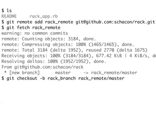 $ git read-tree --prefix=rack/ -u rack_branch
$ ls
README	 rack	 rack_app.rb
      	      	
$ ls rack
AUTHORS	 	 KNOWN-ISS...