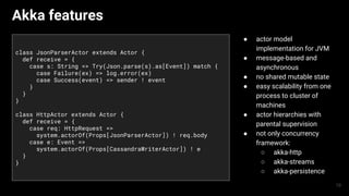 Akka features
class JsonParserActor extends Actor {
def receive = {
case s: String => Try(Json.parse(s).as[Event]) match {
case Failure(ex) => log.error(ex)
case Success(event) => sender ! event
}
}
}
class HttpActor extends Actor {
def receive = {
case req: HttpRequest =>
system.actorOf(Props[JsonParserActor]) ! req.body
case e: Event =>
system.actorOf(Props[CassandraWriterActor]) ! e
}
}
● actor model
implementation for JVM
● message-based and
asynchronous
● no shared mutable state
● easy scalability from one
process to cluster of
machines
● actor hierarchies with
parental supervision
● not only concurrency
framework:
○ akka-http
○ akka-streams
○ akka-persistence
19
 