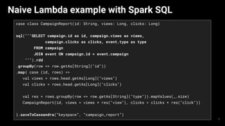 Naive Lambda example with Spark SQL
case class CampaignReport(id: String, views: Long, clicks: Long)
sql("""SELECT campaign.id as id, campaign.views as views,
campaign.clicks as clicks, event.type as type
FROM campaign
JOIN event ON campaign.id = event.campaign
""").rdd
.groupBy(row => row.getAs[String]("id"))
.map{ case (id, rows) =>
val views = rows.head.getAs[Long]("views")
val clicks = rows.head.getAs[Long]("clicks")
val res = rows.groupBy(row => row.getAs[String]("type")).mapValues(_.size)
CampaignReport(id, views = views + res("view"), clicks = clicks + res("click"))
}.saveToCassandra(“keyspace”, “campaign_report”)
8
 