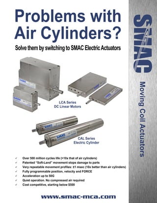 www.smac-mca.com
Problems with
Air Cylinders?
SolvethembyswitchingtoSMACElectricActuators
 Over 500 million cycles life (>10x that of air cylinders)
 Patented “Soft-Land” movement stops damage to parts
 Very repeatable movement profiles: ±1 msec (10x better than air cylinders)
 Fully programmable position, velocity and FORCE
 Acceleration up to 50G
 Quiet operation. No compressed air required
 Cost competitive, starting below $500
LCA Series
DC Linear Motors
MovingCoilActuatorsCAL Series
Electric Cylinder
 