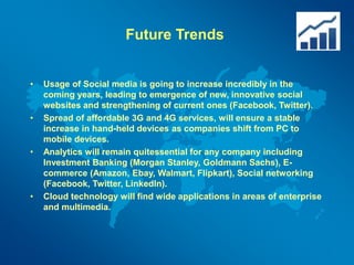 Future Trends
• Usage of Social media is going to increase incredibly in the
coming years, leading to emergence of new, innovative social
websites and strengthening of current ones (Facebook, Twitter).
• Spread of affordable 3G and 4G services, will ensure a stable
increase in hand-held devices as companies shift from PC to
mobile devices.
• Analytics will remain quitessential for any company including
Investment Banking (Morgan Stanley, Goldmann Sachs), E-
commerce (Amazon, Ebay, Walmart, Flipkart), Social networking
(Facebook, Twitter, LinkedIn).
• Cloud technology will find wide applications in areas of enterprise
and multimedia.
 