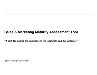 Sales & Marketing Maturity Assessment Tool

“A path for closing the gap between the institution and the customer”




by Tina Turk Lupieri, January 2011
 