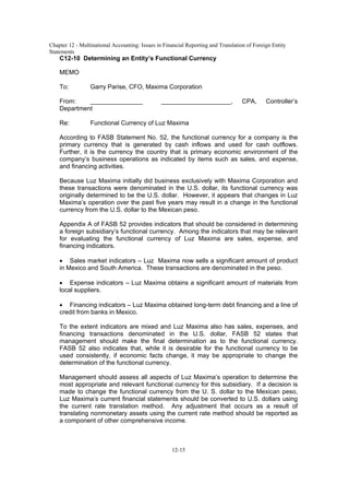 Chapter 12 - Multinational Accounting: Issues in Financial Reporting and Translation of Foreign Entity
Statements
12-15
C12-10 Determining an Entity’s Functional Currency
MEMO
To: Garry Parise, CFO, Maxima Corporation
From: _______________ ____________________, CPA, Controller’s
Department
Re: Functional Currency of Luz Maxima
According to FASB Statement No. 52, the functional currency for a company is the
primary currency that is generated by cash inflows and used for cash outflows.
Further, it is the currency the country that is primary economic environment of the
company’s business operations as indicated by items such as sales, and expense,
and financing activities.
Because Luz Maxima initially did business exclusively with Maxima Corporation and
these transactions were denominated in the U.S. dollar, its functional currency was
originally determined to be the U.S. dollar. However, it appears that changes in Luz
Maxima’s operation over the past five years may result in a change in the functional
currency from the U.S. dollar to the Mexican peso.
Appendix A of FASB 52 provides indicators that should be considered in determining
a foreign subsidiary’s functional currency. Among the indicators that may be relevant
for evaluating the functional currency of Luz Maxima are sales, expense, and
financing indicators.
 Sales market indicators – Luz Maxima now sells a significant amount of product
in Mexico and South America. These transactions are denominated in the peso.
 Expense indicators – Luz Maxima obtains a significant amount of materials from
local suppliers.
 Financing indicators – Luz Maxima obtained long-term debt financing and a line of
credit from banks in Mexico.
To the extent indicators are mixed and Luz Maxima also has sales, expenses, and
financing transactions denominated in the U.S. dollar, FASB 52 states that
management should make the final determination as to the functional currency.
FASB 52 also indicates that, while it is desirable for the functional currency to be
used consistently, if economic facts change, it may be appropriate to change the
determination of the functional currency.
Management should assess all aspects of Luz Maxima’s operation to determine the
most appropriate and relevant functional currency for this subsidiary. If a decision is
made to change the functional currency from the U. S. dollar to the Mexican peso,
Luz Maxima’s current financial statements should be converted to U.S. dollars using
the current rate translation method. Any adjustment that occurs as a result of
translating nonmonetary assets using the current rate method should be reported as
a component of other comprehensive income.
 