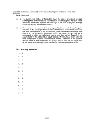 Chapter 12 - Multinational Accounting: Issues in Financial Reporting and Translation of Foreign Entity
Statements
12-20
E12-2 (continued)
5. b. The current rate method of translation allows the use of a weighted average
exchange rate for revenues and expenses that occur throughout the year. Since
both sales and wages expense occur throughout the year, a weighted average
exchange rate can be used for translation.
6. a. For hedges of net investments in a foreign entity, the amount of the change in
fair value of the hedging instrument is recorded to other comprehensive income
that then becomes part of the accumulated other comprehensive income. The
change in the translation adjustment during the period is reported as a
component of other comprehensive income and then carried forward to be
accumulated in the stockholders’ equity section of the balance sheet with the
other components of other comprehensive income. Therefore, in this case in
which a hedge of a net investment in a foreign entity is used, the exchange gain
on the hedge is reported along with the change in the translation adjustment.
E12-3 Matching Key Terms
1. H
2. G
3. F
4. D
5. E
6. B
7. C
8. B
9. D
10. E
11. J
12. C
 