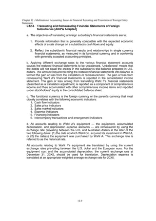Chapter 12 - Multinational Accounting: Issues in Financial Reporting and Translation of Foreign Entity
Statements
12-9
C12-6 Translating and Remeasuring Financial Statements of Foreign
Subsidiaries [AICPA Adapted]
a. The objectives of translating a foreign subsidiary's financial statements are to:
1. Provide information that is generally compatible with the expected economic
effects of a rate change on a subsidiary's cash flows and equity.
2. Reflect the subsidiary's financial results and relationships in single currency
financial statements, as measured in its functional currency and in conformity
with generally accepted accounting principles.
b. Applying different exchange rates to the various financial statement accounts
causes the restated financial statements to be unbalanced. ‘Unbalanced’ means that
the debits will not equal the credits in the subsidiary's trial balance prepared in U.S.
dollars. The amount required to bring the restated financial statements into balance is
termed the gain or loss from the translation or remeasurement. The gain or loss from
remeasuring Wahl A's financial statements is reported in the consolidated income
statement. The gain or loss arising from translating Wahl F's financial statements
(described as a translation adjustment) is reported as a component of comprehensive
income and then accumulated with other comprehensive income items and reported
under stockholders' equity in the consolidated balance sheet.
c. The functional currency is the foreign currency or the parent's currency that most
closely correlates with the following economic indicators:
1. Cash flow indicators
2. Sales price indicators
3. Sales market indicators
4. Expense indicators
5. Financing indicators
6. Intercompany transactions and arrangement indicators
d. All accounts relating to Wahl A's equipment — the equipment, accumulated
depreciation, and depreciation expense accounts — are remeasured by using the
exchange rate prevailing between the U.S. and Australian dollars at the later of the
two following dates: (1) the date at which Wahl Co. acquired its investment in Wahl A,
or (2) the date(s) the equipment was purchased by Wahl A. This exchange rate is
referred to as the historical rate.
All accounts relating to Wahl F's equipment are translated by using the current
exchange rates prevailing between the U.S. dollar and the European euro. For the
equipment cost and the accumulated depreciation, the current exchange rate at
December 31, 20X5, should be used for translation. Depreciation expense is
translated at an appropriate weighted average exchange rate for 20X5.
 