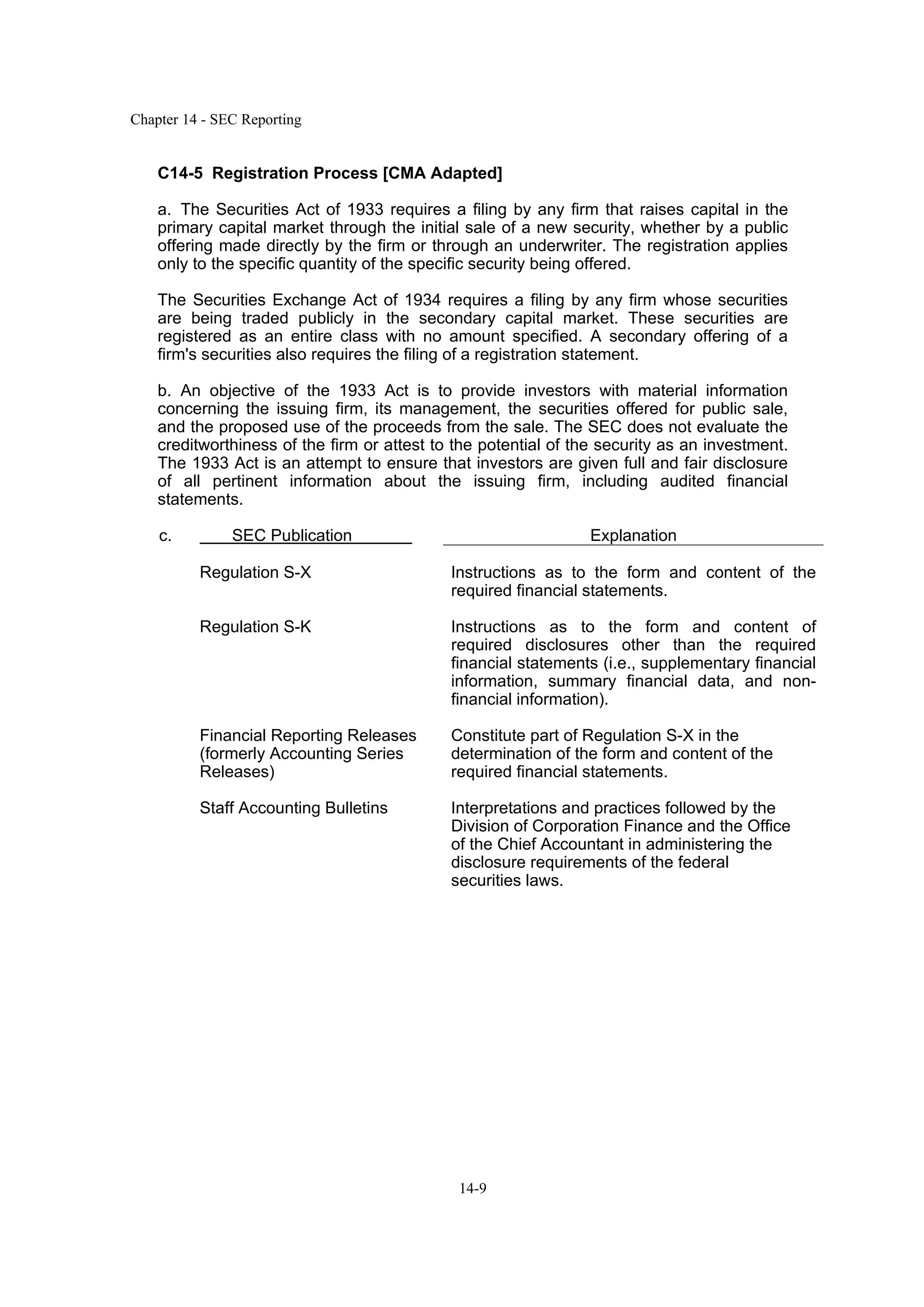Chapter 14 - SEC Reporting
14-9
C14-5 Registration Process [CMA Adapted]
a. The Securities Act of 1933 requires a filing by any firm that raises capital in the
primary capital market through the initial sale of a new security, whether by a public
offering made directly by the firm or through an underwriter. The registration applies
only to the specific quantity of the specific security being offered.
The Securities Exchange Act of 1934 requires a filing by any firm whose securities
are being traded publicly in the secondary capital market. These securities are
registered as an entire class with no amount specified. A secondary offering of a
firm's securities also requires the filing of a registration statement.
b. An objective of the 1933 Act is to provide investors with material information
concerning the issuing firm, its management, the securities offered for public sale,
and the proposed use of the proceeds from the sale. The SEC does not evaluate the
creditworthiness of the firm or attest to the potential of the security as an investment.
The 1933 Act is an attempt to ensure that investors are given full and fair disclosure
of all pertinent information about the issuing firm, including audited financial
statements.
c. SEC Publication Explanation
Regulation S-X Instructions as to the form and content of the
required financial statements.
Regulation S-K Instructions as to the form and content of
required disclosures other than the required
financial statements (i.e., supplementary financial
information, summary financial data, and non-
financial information).
Financial Reporting Releases Constitute part of Regulation S-X in the
(formerly Accounting Series determination of the form and content of the
Releases) required financial statements.
Staff Accounting Bulletins Interpretations and practices followed by the
Division of Corporation Finance and the Office
of the Chief Accountant in administering the
disclosure requirements of the federal
securities laws.
 
