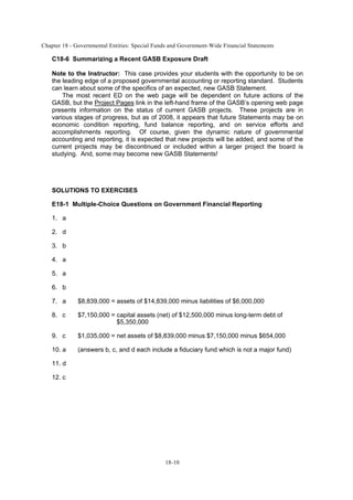 Chapter 18 - Governmental Entities: Special Funds and Government-Wide Financial Statements
18-10
C18-6 Summarizing a Recent GASB Exposure Draft
Note to the Instructor: This case provides your students with the opportunity to be on
the leading edge of a proposed governmental accounting or reporting standard. Students
can learn about some of the specifics of an expected, new GASB Statement.
The most recent ED on the web page will be dependent on future actions of the
GASB, but the Project Pages link in the left-hand frame of the GASB’s opening web page
presents information on the status of current GASB projects. These projects are in
various stages of progress, but as of 2008, it appears that future Statements may be on
economic condition reporting, fund balance reporting, and on service efforts and
accomplishments reporting. Of course, given the dynamic nature of governmental
accounting and reporting, it is expected that new projects will be added, and some of the
current projects may be discontinued or included within a larger project the board is
studying. And, some may become new GASB Statements!
SOLUTIONS TO EXERCISES
E18-1 Multiple-Choice Questions on Government Financial Reporting
1. a
2. d
3. b
4. a
5. a
6. b
7. a $8,839,000 = assets of $14,839,000 minus liabilities of $6,000,000
8. c $7,150,000 = capital assets (net) of $12,500,000 minus long-term debt of
$5,350,000
9. c $1,035,000 = net assets of $8,839,000 minus $7,150,000 minus $654,000
10. a (answers b, c, and d each include a fiduciary fund which is not a major fund)
11. d
12. c
 