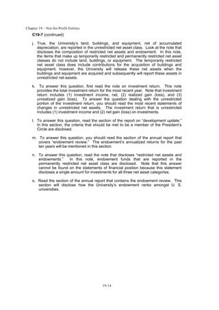 Chapter 19 – Not-for-Profit Entities
19-14
C19-7 (continued)
j. True, the University’s land, buildings, and equipment, net of accumulated
depreciation, are reported in the unrestricted net asset class. Look at the note that
discloses the composition of restricted net assets and endowment. In this note,
the items that make up temporarily restricted and permanently restricted net asset
classes do not include land, buildings, or equipment. The temporarily restricted
net asset class does include contributions for the acquisition of buildings and
equipment; however, the University will release these net assets when the
buildings and equipment are acquired and subsequently will report these assets in
unrestricted net assets.
k. To answer this question, first read the note on investment return. This note
provides the total investment return for the most recent year. Note that investment
return includes (1) investment income, net, (2) realized gain (loss), and (3)
unrealized gain (loss). To answer the question dealing with the unrestricted
portion of the investment return, you should read the most recent statements of
changes in unrestricted net assets. The investment return that is unrestricted
includes (1) investment income and (2) net gain (loss) on investments.
l. To answer this question, read the section of the report on “development update.”
In this section, the criteria that should be met to be a member of the President’s
Circle are disclosed.
m. To answer this question, you should read the section of the annual report that
covers “endowment review.” The endowment’s annualized returns for the past
ten years will be mentioned in this section.
n. To answer this question, read the note that discloses “restricted net assets and
endowments.” In this note, endowment funds that are reported in the
permanently restricted net asset class are disclosed. Note that this answer
cannot be found on the statements of financial position because this statement
discloses a single amount for investments for all three net asset categories.
o. Read the section of the annual report that contains the endowment review. This
section will disclose how the University’s endowment ranks amongst U. S.
universities.
 