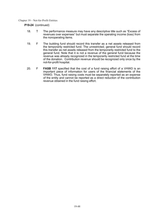 Chapter 19 – Not-for-Profit Entities
19-48
P19-24 (continued)
18. T The performance measure may have any descriptive title such as “Excess of
revenues over expenses” but must separate the operating income (loss) from
the nonoperating items.
19. F The building fund should record this transfer as a net assets released from
the temporarily restricted fund. The unrestricted, general fund should record
this transfer as net assets released from the temporarily restricted fund to the
general fund. Note that it is not a revenue of the general fund because the
revenue was already recognized in the temporarily restricted fund at the time
of the donation. Contribution revenue should be recognized only once by the
not-for-profit hospital.
20. F FASB 117 specified that the cost of a fund raising effort of a VHWO is an
important piece of information for users of the financial statements of the
VHWO. Thus, fund raising costs must be separately reported as an expense
of the entity and cannot be reported as a direct reduction of the contribution
revenue obtained in the fund raising effort.
 