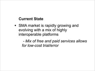 Current State
•   SMA market is rapidly growing and
    evolving with a mix of highly
    interoperable platforms
      - Mix of free and paid services allows
     for low-cost trial/error
 
