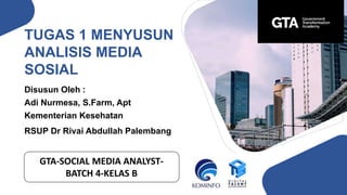 Disusun Oleh :
Adi Nurmesa, S.Farm, Apt
Kementerian Kesehatan
RSUP Dr Rivai Abdullah Palembang
.
TUGAS 1 MENYUSUN
ANALISIS MEDIA
SOSIAL
GTA-SOCIAL MEDIA ANALYST-
BATCH 4-KELAS B
 