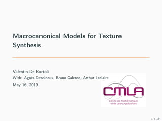 Macrocanonical Models for Texture
Synthesis
Valentin De Bortoli
With: Agnès Desolneux, Bruno Galerne, Arthur Leclaire
May 16, 2019
1 / 19
 