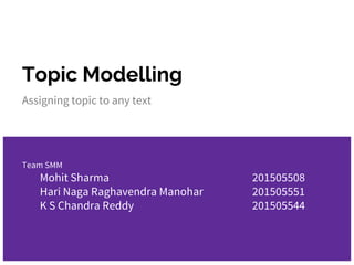Topic Modelling
Assigning topic to any text
Team SMM
Mohit Sharma 201505508
Hari Naga Raghavendra Manohar 201505551
K S Chandra Reddy 201505544
 
