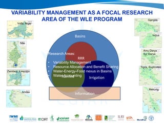RRR
IrrigationRainfed
Basins
RRR
IrrigationRainfed
Information
Nile
Volta, Niger
Andes
Zambezi, Limpopo
Mekong
Ganges
Indus
Amu Darya
Syr Darya
Tigris, Euphrates
VARIABILITY MANAGEMENT AS A FOCAL RESEARCH
AREA OF THE WLE PROGRAM
Research Areas:
• Variability Management
• Resource Allocation and Benefit Sharing
• Water-Energy-Food nexus in Basins
• Water Accounting
 