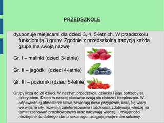 PRZEDSZKOLE

dysponuje miejscami dla dzieci 3, 4, 5-letnich. W przedszkolu
  funkcjonują 3 grupy. Zgodnie z przedszkolną tradycją każda
  grupa ma swoją nazwę

Gr. I – malinki (dzieci 3-letnie)

Gr. II – jagódki (dzieci 4-letnie)

Gr. III – poziomki (dzieci 5-letnie)

Grupy liczą do 20 dzieci. W naszym przedszkolu dziecko i jego potrzeby są
  priorytetem. Dzieci w naszej placówce czują się dobrze i bezpiecznie. W
  odpowiedniej atmosferze łatwo zawierają nowe przyjaźnie, uczą się wiary
  we własne siły, rozwijają zainteresowania i zdolności, zdobywają wiedzę na
  temat zachowań prozdrowotnych oraz nabywają wiedzę i umiejętności
  niezbędne do dobrego startu szkolnego, osiągają swoje małe sukcesy.
 