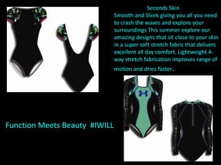 Seconds Skin
Smooth and Sleek giving you all you need
to crash the waves and explore your
surroundings This summer explore our
amazing designs that sit close to your skin
in a super soft stretch fabric that delivers
excellent all day comfort. Lightweight 4way stretch fabrication improves range of
motion and dries faster.

Function Meets Beauty #IWILL

 