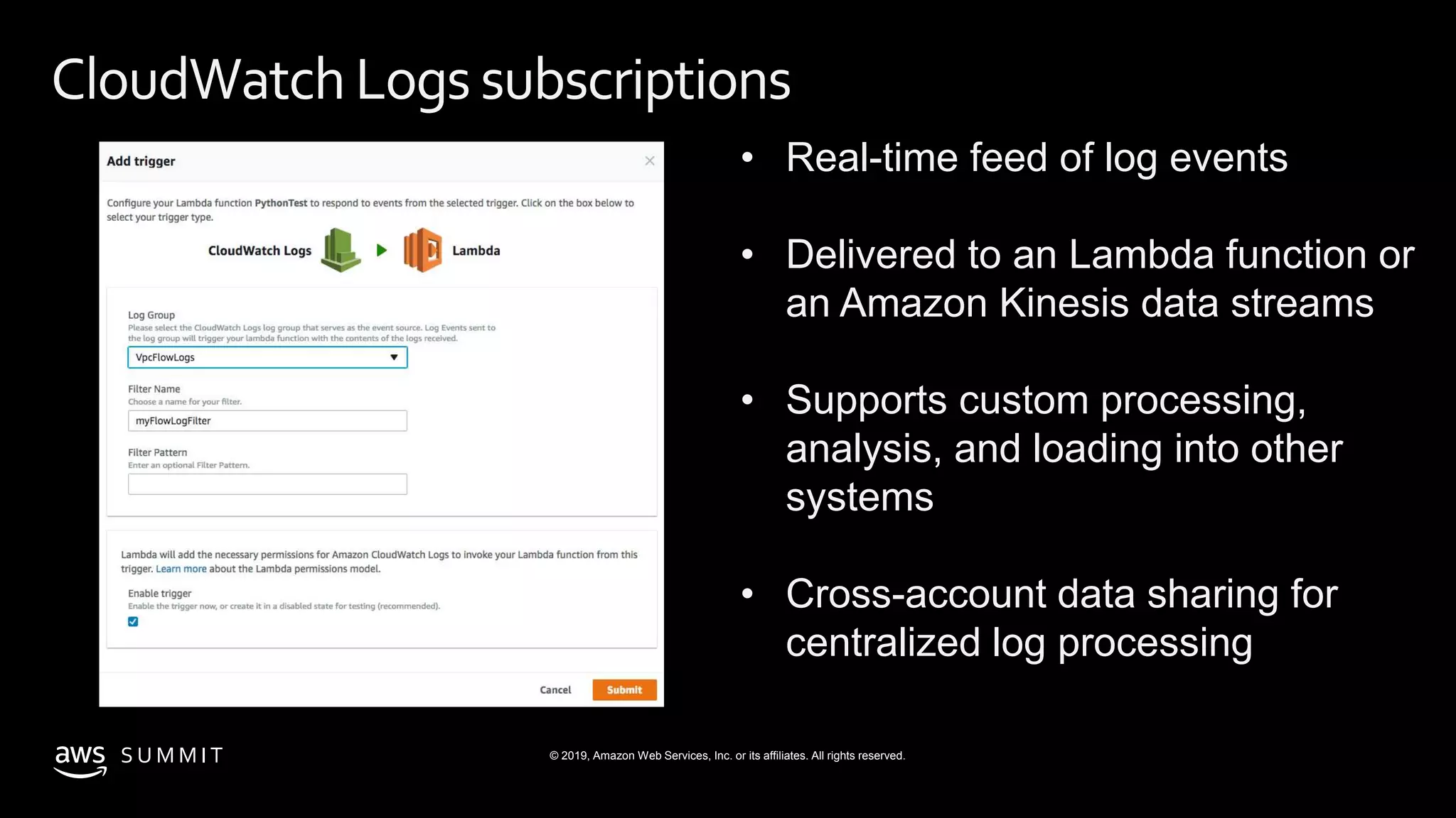 S U M M I T © 2019, Amazon Web Services, Inc. or its affiliates. All rights reserved.
• Real-time feed of log events
• Delivered to an Lambda function or
an Amazon Kinesis data streams
• Supports custom processing,
analysis, and loading into other
systems
• Cross-account data sharing for
centralized log processing
CloudWatchLogs subscriptions
 