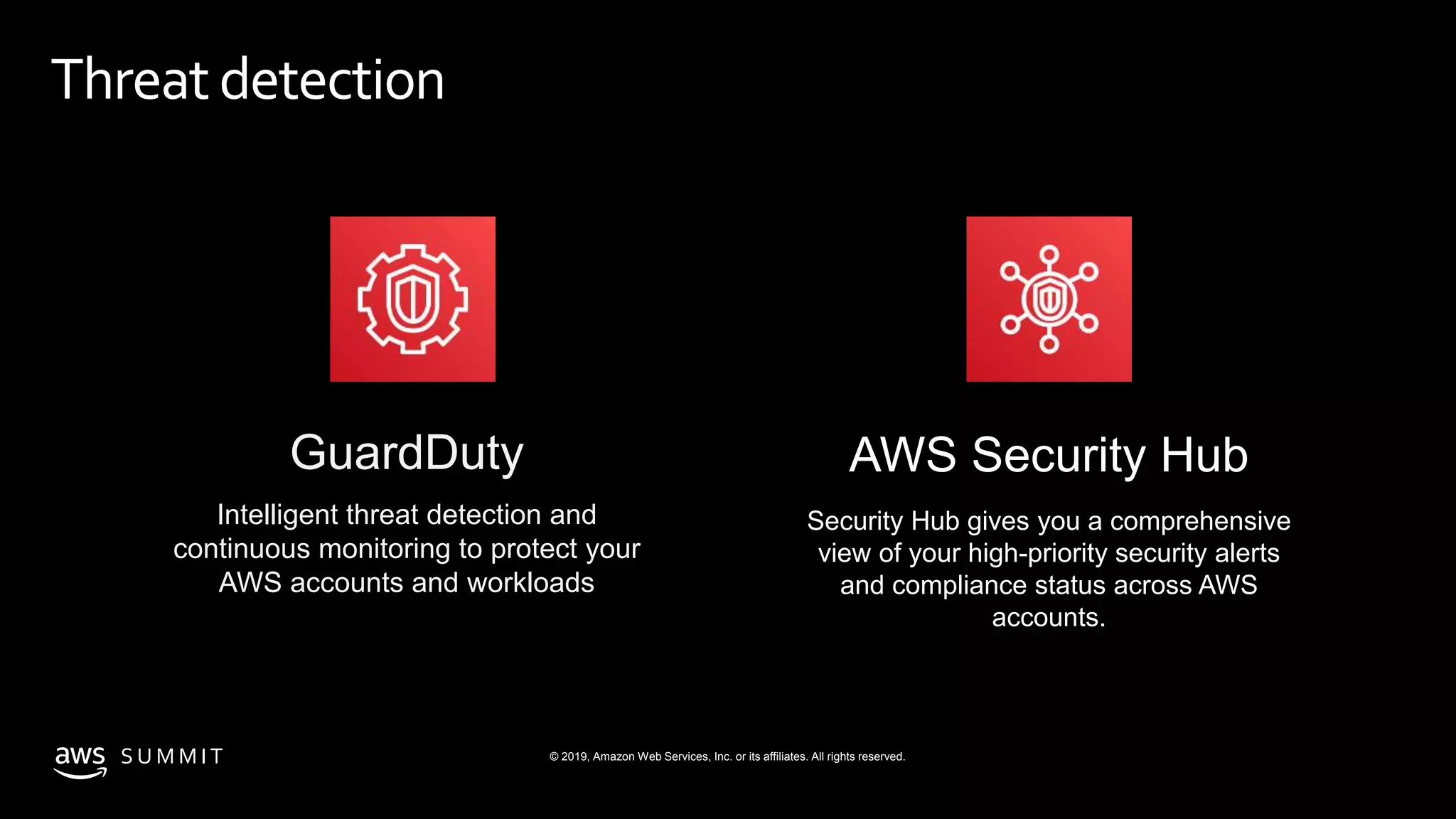 © 2019, Amazon Web Services, Inc. or its affiliates. All rights reserved.S U M M I T
GuardDuty
Intelligent threat detection and
continuous monitoring to protect your
AWS accounts and workloads
AWS Security Hub
Security Hub gives you a comprehensive
view of your high-priority security alerts
and compliance status across AWS
accounts.
Threatdetection
 