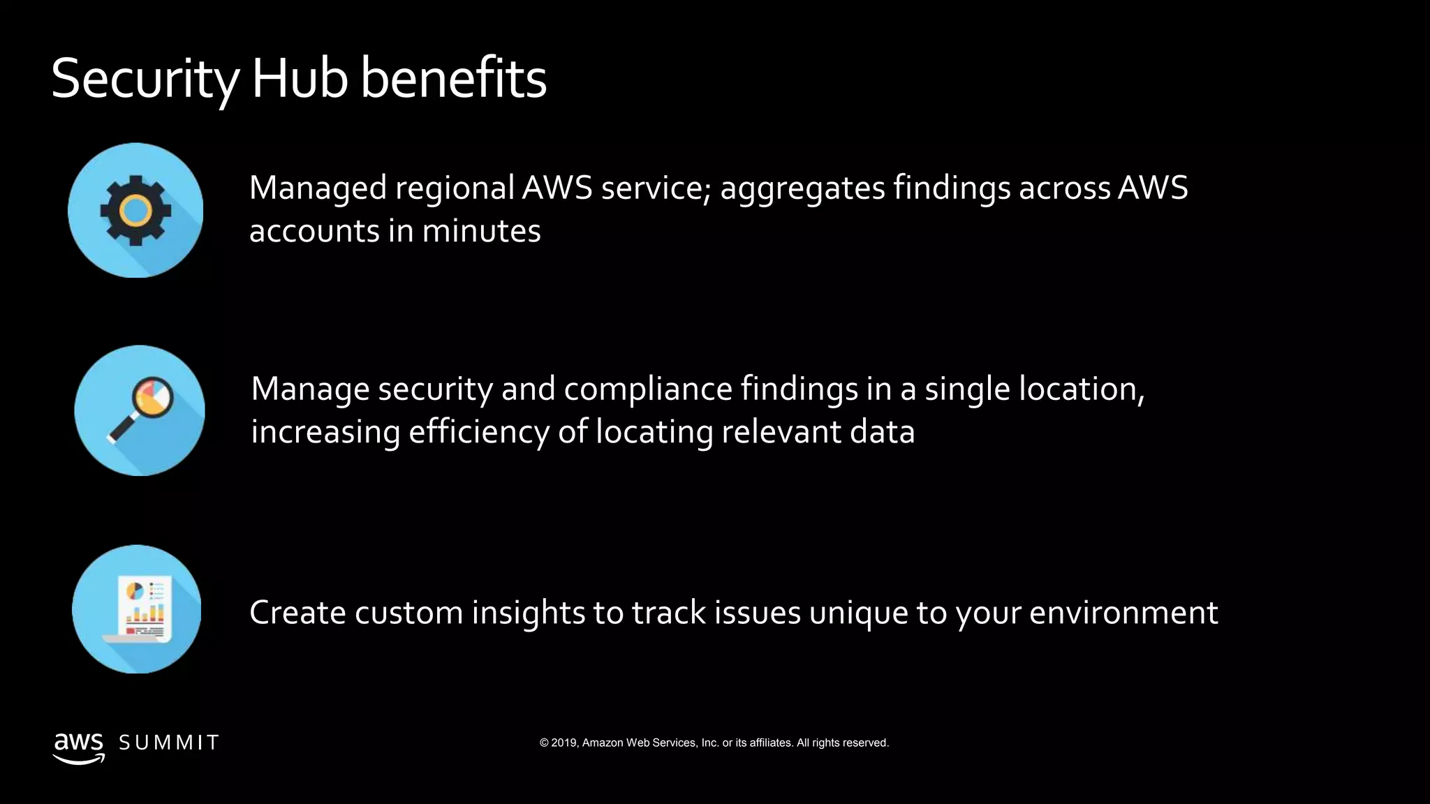 © 2019, Amazon Web Services, Inc. or its affiliates. All rights reserved.S U M M I T
SecurityHubbenefits
Managed regional AWS service; aggregates findings across AWS
accounts in minutes
Manage security and compliance findings in a single location,
increasing efficiency of locating relevant data
Create custom insights to track issues unique to your environment
 