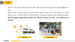• 코로나19 이 후 온라인 쇼핑에서 단연 돋보인 분야는 식품으로 HMR, 밀키트 등은 200% 이상의 성장률을 보이고
있음
• 해외에는 아마존, 국내에는 쿠팡 등이 선두하여 빅데이터, 콜드체인 기술 도입으로 고객이 원하는 시간, 장소에
배송이 가능하고, 소비자들이 재택 근무 등으로 집에 머무는 시간이 늘면서 식품 분야는 꾸준히 성장할 가능성이 높음
• 중국의 경우 생필품 식료품을 중심으로 한 배송 서비스 이용 증가로 소량(1개) 단위, 30분 ~ 1시간 내 배송 서비스 등
제공 확대
아마존 FBA 중국 하마선생
쇼핑
소자본창업
 