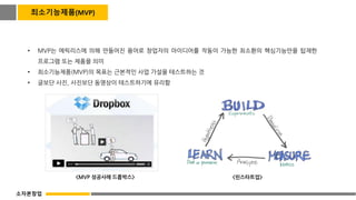 • MVP는 에릭리스에 의해 만들어진 용어로 창업자의 아이디어를 작동이 가능한 최소환의 핵심기능만을 탑재한
프로그램 또는 제품을 의미
• 최소기능제품(MVP)의 목표는 근본적인 사업 가설을 테스트하는 것
• 글보단 사진, 사진보단 동영상이 테스트하기에 유리함
<린스타트업>
<MVP 성공사례 드롭박스>
최소기능제품(MVP)
소자본창업
 