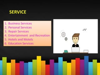 SERVICE
1. Business Services
2. Personal Services
3. Repair Services
4. Entertainment and Recreation
5. Hotels and Motels
6. Education Services
 