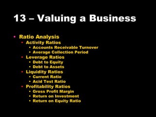 13 – Valuing a Business Ratio Analysis Activity Ratios Accounts Receivable Turnover Average Collection Period Leverage Ratios Debt to Equity Debt to Assets Liquidity Ratios Current Ratio Acid Test Ratio Profitability Ratios Gross Profit Margin Return on Investment Return on Equity Ratio 