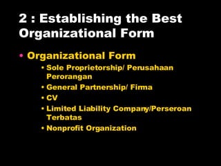 2 : Establishing the Best Organizational Form Organizational Form Sole Proprietorship/ Perusahaan Perorangan General Partnership/ Firma  CV Limited Liability Company/Perseroan Terbatas Nonprofit Organization 