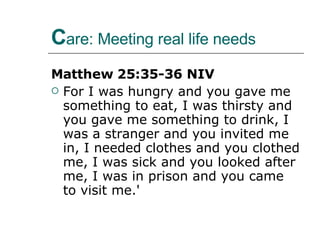 C are: Meeting real life needs Matthew 25:35-36 NIV For I was hungry and you gave me something to eat, I was thirsty and you gave me something to drink, I was a stranger and you invited me in, I needed clothes and you clothed me, I was sick and you looked after me, I was in prison and you came to visit me.' 