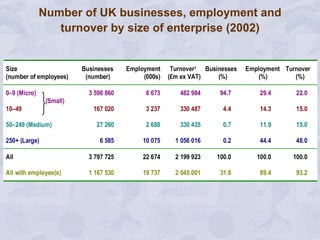 Number of UK businesses, employment and turnover by size of enterprise (2002) 