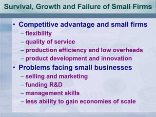 Survival, Growth and Failure of Small Firms Competitive advantage and small firms flexibility quality of service production efficiency and low overheads product development and innovation Problems facing small businesses selling and marketing funding R&D management skills less ability to gain economies of scale 