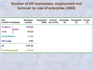 Number of UK businesses, employment and turnover by size of enterprise (2002) 