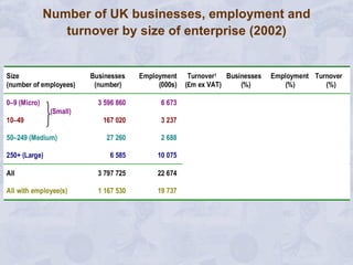 Number of UK businesses, employment and turnover by size of enterprise (2002) 