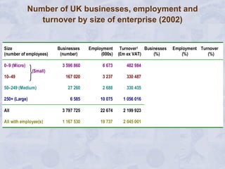 Number of UK businesses, employment and turnover by size of enterprise (2002) 