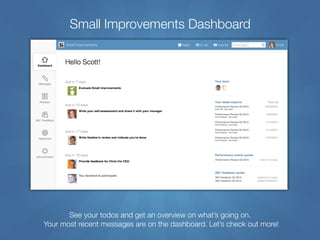 Small Improvements Dashboard
See your todos and get an overview on what’s going on.
Your most recent messages are on the dashboard. Let’s check out more!
 
