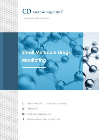 Small Molecule Drugs
Monitoring
www.creative-diagnostics.com
1-631-624-4882 (USA) 44-161-818-6441 (Europe)
1-631-938-8221
info@creative-diagnostics.com
45-1 Ramsey Road, Shirley, NY 11967, USA
 