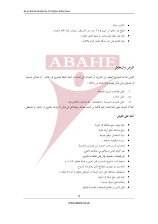 Arab British Academy for Higher Education. 
 
 
www.abahe.co.uk 
 
3
‫ﺗﻜﺎﻟﻴﻒ‬‫ﻋﺎﻟﻴﺔ‬. 
‫اﳌﻮﻗﻊ‬‫ﻏﲑ‬‫ﻣﻼﺋﻢ‬‫ﻣﻦ‬‫ﺣﻴﺚ‬‫ﺑﺔ‬‫ﺮ‬‫ﻗ‬‫أو‬‫ﺑﻌﺪﻩ‬‫ﻋﻦ‬‫اق‬‫ﻮ‬‫اﻷﺳ‬,‫ﻣﺼﺎدر‬‫اد‬‫ﻮ‬‫اﳌ‬‫اﳋﺎم‬‫اﻟﻌﻤﺎﻟﺔ‬‫و‬. 
‫ﻋﺪم‬‫ﺗﻮﻓﺮ‬‫ﻧﻈﺎم‬‫ﻟﻠﺤﺴﺎﺑﺎت‬)‫ﺿﺒﻂ‬‫اﻻﻣﻮر‬‫اﳌﺎﻟﻴﺔ‬( 
‫ﻋﺪم‬‫اﻟﻘﺪرة‬‫ﻋﻠﻰ‬‫ﺑﻨﺎء‬‫ﺷﺒﻜﺔ‬‫اﺗﺼﺎل‬‫ﻟﺒﻨﺎء‬‫ﻋﻼﻗﺎت‬. 
‫اﻟﻔﺮص‬‫واﻟﻤﺨﺎﻃﺮ‬
‫اﻟﻔﺮص‬‫اﳌﺘﺎﺣﺔ‬‫ﻟﻠﻤﺸﺮوع‬‫اﻟﺼﻐﲑ‬‫ﻫﻰ‬‫اﻟﻈﺮوف‬‫أ‬‫و‬‫ات‬‫ﲑ‬‫اﻟﺘﻐ‬‫اﻟﱴ‬‫ﲢﺪث‬‫ﰱ‬‫اﻟﺒﻴﺌﺔ‬‫اﶈﻴﻄﺔ‬‫ﺑﺎﳌﺸﺮوع‬‫ﰱ‬‫اﳊﺎﺿﺮ‬,‫أو‬‫اﳌﻤﻜﻦ‬‫ﺣﺪوﺛﻬﺎ‬
‫ﰱ‬‫اﳌﺴﺘﻘﺒﻞ‬‫اﻟﱴ‬‫و‬‫ﳝﻜﻦ‬‫ﻓﻬﻤﻬﺎ‬‫اﻻﺳﺘﻔﺎدة‬‫و‬‫ﻣﻦ‬‫ﺧﻼﳍﺎ‬:
‫أ‬-‫ﲢﻠﻴﻞ‬‫ﻗﻄﺎﻋﺎت‬‫اﻟﺴﻮق‬‫اﳌﺨﺘﻠﻔﺔ‬. 
‫ب‬-‫ﲢﻠﻴﻞ‬‫اﳌﻨﺎﻓﺴﺔ‬ 
‫ت‬-‫ﲢﻠﻴﻞ‬‫ات‬‫ﲑ‬‫اﻟﺘﻐ‬‫اﻟﺴﻴﺎﺳﻴﺔ‬,‫اﻻﻗﺘﺼﺎدﻳﺔ‬,‫اﻻﺟﺘﻤﺎﻋﻴﺔ‬,‫ﻟﻮﺟﻴﺔ‬‫ﻮ‬‫اﻟﺘﻜﻨ‬.
‫ﻛﻤﺎ‬‫أ‬‫ن‬‫ات‬‫و‬‫أد‬‫ﲢﻠﻴﻞ‬‫اﻟﺒﻴﺌﺔ‬‫اﳌﺸﺎر‬‫إﻟﻴﻬﺎ‬‫ﲤﻜﻨﻨﺎ‬‫ﻣﻦ‬‫ﲢﺪﻳﺪ‬‫اﳌﺨﺎﻃﺮ‬‫اﳌﺸﺎﻛﻞ‬‫و‬‫اﻟﱴ‬‫ﳝﻜﻦ‬‫أن‬‫اﺟﻪ‬‫ﻮ‬‫ﺗ‬‫اﳌﺸﺮوع‬‫ﰱ‬‫اﳊﺎﺿﺮ‬‫او‬‫اﳌﺴﺘﻘﺒﻞ‬.
‫أﻣﺜﻠﺔ‬‫ﻋﻠﻰ‬‫اﻟﻔﺮص‬:
‫ﻋﺪم‬‫وﺟﻮد‬‫ﺳﻠﻊ‬‫ﺔ‬ ‫ﻣﺘﺸﺎ‬‫ﰱ‬‫اﻟﺴﻮق‬. 
‫ﺳﻠﻊ‬‫ﺔ‬ ‫ﻣﺘﺸﺎ‬‫ﲢﻘﻖ‬‫أرﲝﺎ‬‫ﻋﺎﻟﻴﺔ‬ 
‫ﻧﺪرة‬‫اﻟﺴﻠﻌﺔ‬‫ﰱ‬‫اﻗﻊ‬‫ﻮ‬‫ﻣ‬‫ﺟﺪﻳﺪة‬. 
‫ﺳﻴﺎﺳﺔ‬‫ﺣﻜﻮﻣﻴﺔ‬‫ﻣﺸﺠﻌﺔ‬. 
‫إﻋﻔﺎءات‬‫ﻟﻠﻤﺸﺮوﻋﺎت‬‫اﻟﺼﻐﲑة‬‫ﻣﻦ‬‫اﺋﺐ‬‫ﺮ‬‫اﻟﻀ‬‫اﳉﻤﺎرك‬‫و‬. 
‫ﺗﻐﲑ‬‫اق‬‫و‬‫أذ‬‫اﻟﻨﺎس‬‫ﲟﺎ‬‫ﻳﻼﺋﻢ‬‫ﻣﻊ‬‫إﲡﺎﻫﺎت‬‫اﻻﻧﺘﺎج‬. 
‫ﳕﻮ‬‫إﻗﺘﺼﺎدى‬‫ﻣﻠﺤﻮظ‬‫ﻳﺆﺛﺮ‬‫ﻋﻠﻰ‬‫اﲡﺎﻫﺎت‬‫اﳌﺸﺮوع‬ 
‫ﺻﻌﻮﺑﺔ‬‫اﻟﺒﺪء‬‫ﲟﺸﺮوع‬‫ﻣﺸﺎﺑﻪ‬‫ﻣﻦ‬‫ﻗﺒﻞ‬‫ﻳﻦ‬‫ﺮ‬‫آﺧ‬)‫ﲪﺎﻳﺔ‬‫ﺣﻘﻮق‬‫اﻻﻧﺴﺎن‬( 
‫اﳌﻨﺎﻓﺴﲔ‬‫ﻏﲑ‬‫ﻣﻬﺘﻤﲔ‬‫ﺑﺎﻟﻘﻄﺎع‬‫اﻟﺬى‬‫ﻳﻌﻤﻞ‬‫ﻓﻴﺔ‬‫اﳌﺸ‬‫ﺮوع‬. 
‫اﳌﺴﺘﻬﻠﻚ‬‫ﺳﻴﺤﺎﻓﻆ‬‫ﻋﻠﻰ‬‫اء‬‫ﺮ‬‫ﺷ‬‫اﻟﺴﻠﻌﺔ‬‫ﰱ‬‫اﳌﺴﺘﻘﺒﻞ‬‫اﳌﻨﻈﻮر‬)‫ﻋﺪم‬‫اﻻﺳﺘﻐﻨﺎء‬( 
‫ﻋﺪم‬‫ﺗﻮﻓﺮ‬‫ﺳﻠﻊ‬‫ﺑﺪﻳﻠﺔ‬‫ﰱ‬‫اﻟﺴﻮق‬ 
‫إﻣﻜﺎﻧﻴﺔ‬‫ﻓﺘﺢ‬‫اق‬‫ﻮ‬‫أﺳ‬‫ﺟﺪﻳﺪة‬. 
‫ﺗﻘﺒﻞ‬‫اﻟﻨﺎس‬‫ﰱ‬‫اﺠﻤﻟﺘﻤﻊ‬‫ﻟﻠﻤﻨﺘﺠﺎت‬‫اﳉﺪﻳﺪة‬‫اﳌﺒﺘﻜﺮة‬.
 