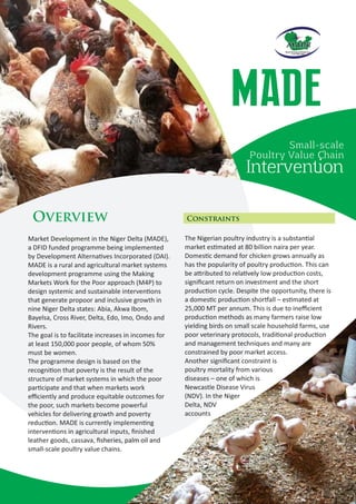 The Nigerian poultry industry is a substan al
market es mated at 80 billion naira per year.
Domes c demand for chicken grows annually as
has the popularity of poultry produc on. This can
be a ributed to rela vely low produc on costs,
signiﬁcant return on investment and the short
produc on cycle. Despite the opportunity, there is
a domes c produc on shor all – es mated at
25,000 MT per annum. This is due to ineﬃcient
produc on methods as many farmers raise low
yielding birds on small scale household farms, use
poor veterinary protocols, tradi onal produc on
and management techniques and many are
constrained by poor market access.
Another signiﬁcant constraint is
poultry mortality from various
diseases – one of which is
Newcastle Disease Virus
(NDV). In the Niger
Delta, NDV
accounts
Constraints
MADE
Small-scale
Poultry Value ain
Interven on
Market Development in the Niger Delta (MADE),
a DFID funded programme being implemented
by Development Alterna ves Incorporated (DAI).
MADE is a rural and agricultural market systems
development programme using the Making
Markets Work for the Poor approach (M4P) to
design systemic and sustainable interven ons
that generate propoor and inclusive growth in
nine Niger Delta states: Abia, Akwa Ibom,
Bayelsa, Cross River, Delta, Edo, Imo, Ondo and
Rivers.
The goal is to facilitate increases in incomes for
at least 150,000 poor people, of whom 50%
must be women.
The programme design is based on the
recogni on that poverty is the result of the
structure of market systems in which the poor
par cipate and that when markets work
eﬃciently and produce equitable outcomes for
the poor, such markets become powerful
vehicles for delivering growth and poverty
reduc on. MADE is currently implemen ng
interven ons in agricultural inputs, ﬁnished
leather goods, cassava, ﬁsheries, palm oil and
small-scale poultry value chains.
Overview
 