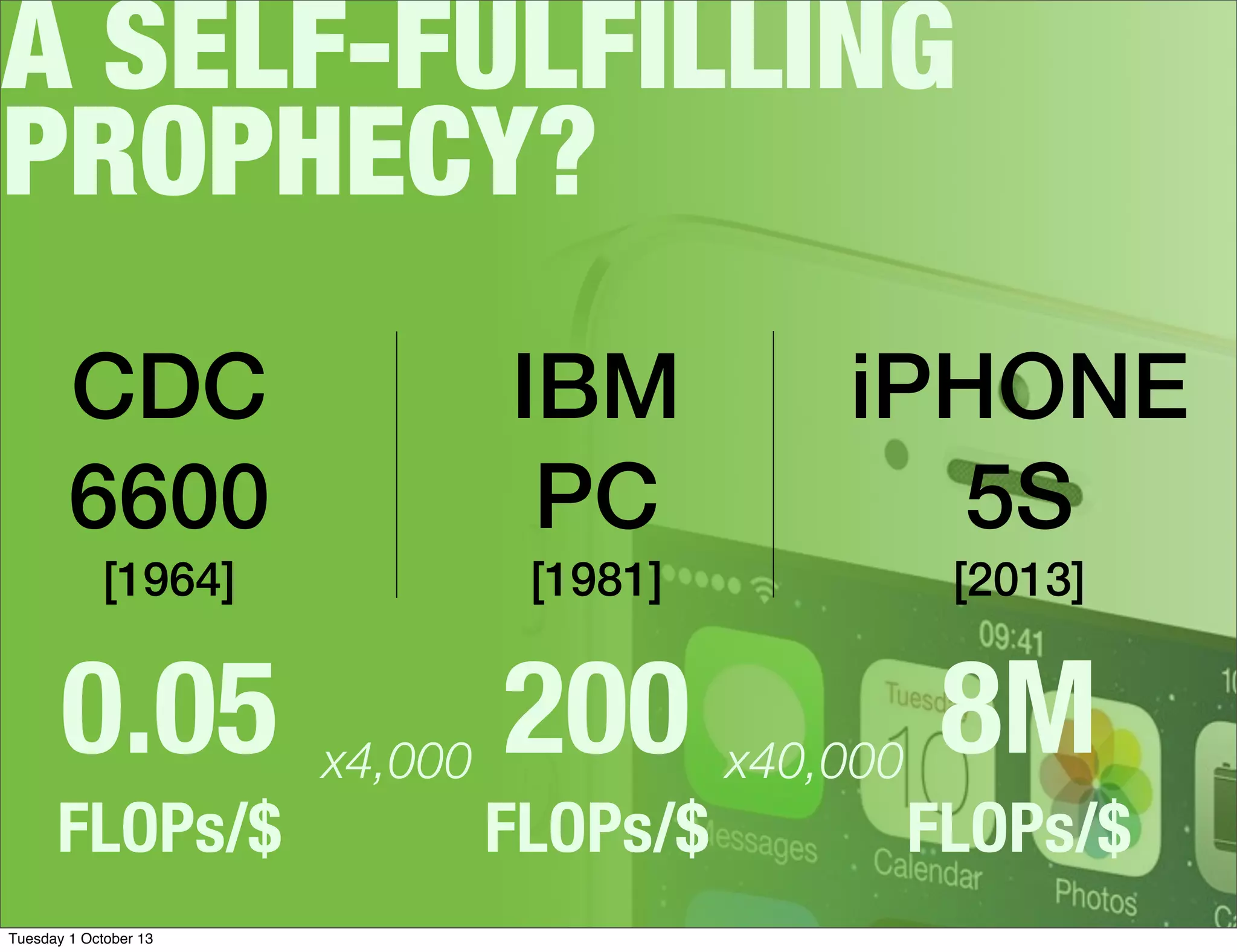A SELF-FULFILLING
PROPHECY?
CDC
6600
[1964]
IBM
PC
[1981]
iPHONE
5S
[2013]
0.05
FLOPs/$
200
FLOPs/$
8M
FLOPs/$
x4,000 x40,000
Tuesday 1 October 13
 