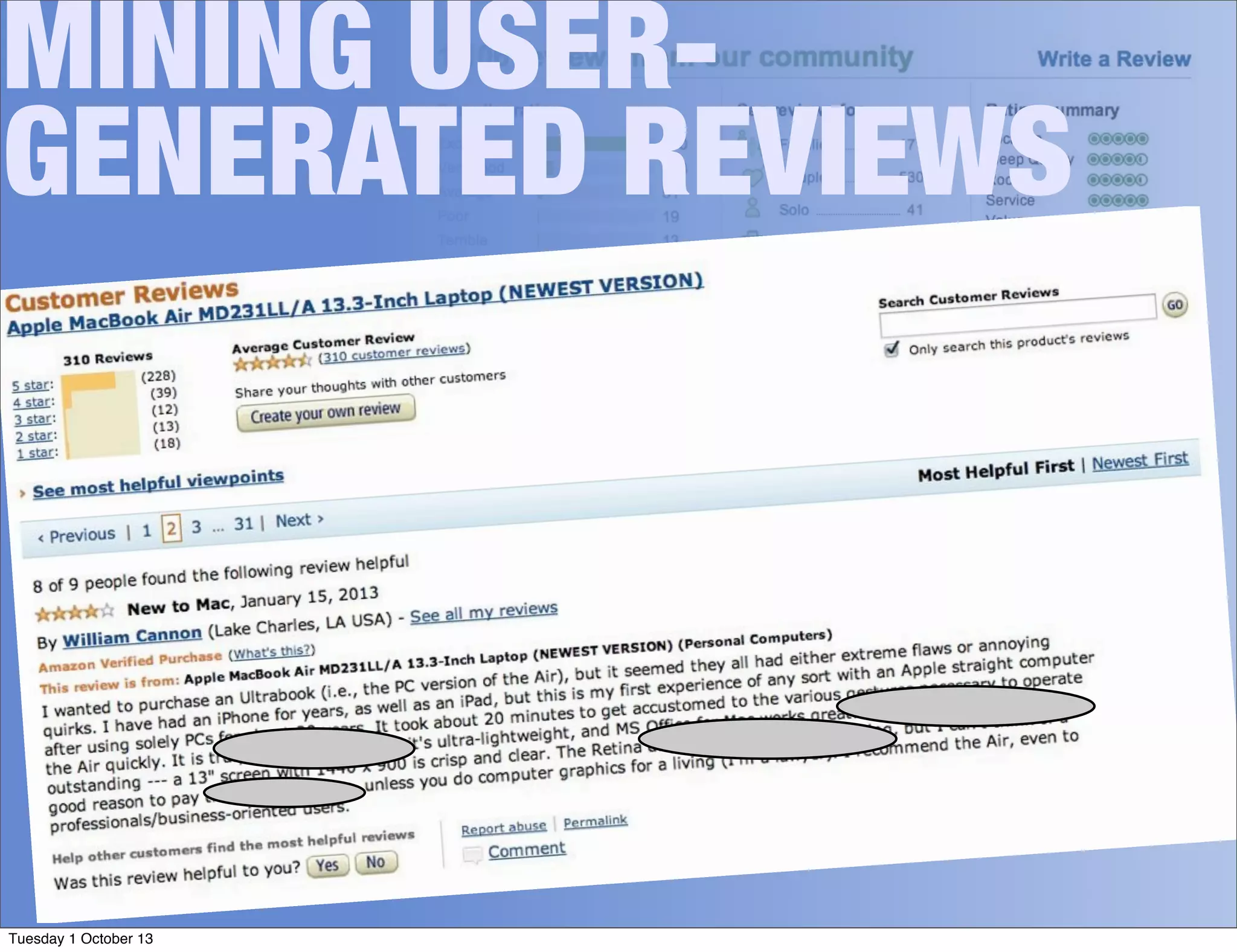 MINING USER-
GENERATED REVIEWS
Tuesday 1 October 13
 