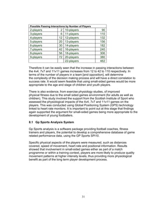 Possible Passing Interactions by Number of Players
2-players                2   10-players                   90
3-players                6   11-players                  110
4-players               12   12-players                  132
5-players               20   13-players                  156
6-players               30   14-players                  182
7-players               42   16-players                  240
8-players               56   18-players                  306
9-players               72   20-players                  380
                             22-players                  462

Therefore it can be easily seen that the increase in passing interactions between
the 4v4, 7v7 and 11v11 games increases from 12 to 42 to 110 respectively. In
terms of the number of players in a team [and opposition], will determine
the complexity of the decision making process and will have a direct correlation to
success rate. It would seem feasible that using small-sided games would be more
appropriate to the age and stage of children and youth players.

There is also evidence, from exercise physiology studies, of improved
physical fitness due to the small sided games environment (for adults as well as
children). This study involved the support from the Scottish Institute of Sport who
assessed the physiological impacts of the 4v4, 7v7 and 11v11 games on the
players. This was conducted using Global Positioning System (GPS) technology
linked to heart rate monitors. It is important to point out at this stage that findings
again supported the argument for small-sided games being more appropriate to the
development of young footballers.

8.1 Gp Sports Analysis System

Gp Sports analysis is a software package providing football coaches, fitness
trainers and players, the potential to develop a comprehensive database of game
related performance data, using the GP Sports SPi10.

Specific physical aspects of the players were measured, such as distances
covered, speed of movement, heart rate and positional information. Results
showed that involvement in small-sided games either as part of a match
programme or within a training context, players are more likely to produce quality
movement patterns at higher intensity levels, thus providing more physiological
benefit as part of the long term player development process.




                                          31
 