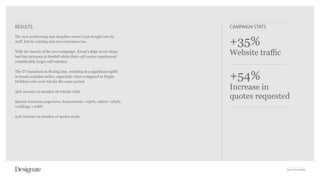 RESULTS                                                              CAMPAIGN STATS


                                                                     +35%
The new positioning and strapline weren’t just bought into by
staff, but by existing and new customers too.

With the launch of the new campaign, Kuoni’s high street shops
had big increases in footfall whilst their call centre experienced
                                                                     Website traffic
considerably larger call volumes.



                                                                     +54%
The TV launched on Boxing Day, resulting in a significant uplift
in brand searches online, especially when compared to Virgin
Holidays who were flat for the same period.

35% increase in number of website visits
                                                                     Increase in
                                                                     quotes requested
Special occasions pageviews: honeymoons +190%, safaris +265%,
weddings +108%

54% increase in number of quotes made




                                                                                       Kuoni Case Study
 
