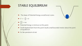 STABLE EQUILIBRIUM
 The slope of Potential Energy curve(Force) is zero.
 𝐹 = −
𝑑𝑣
𝑑𝑥
= 0

𝑑2𝑣
𝑑𝑥2 =+ve
 Potential Energy is minimum at this point.
 Small displacement from this point results small bounded motion about the point
of equilibrium.
 Ex: Bar pendulum at rest
 